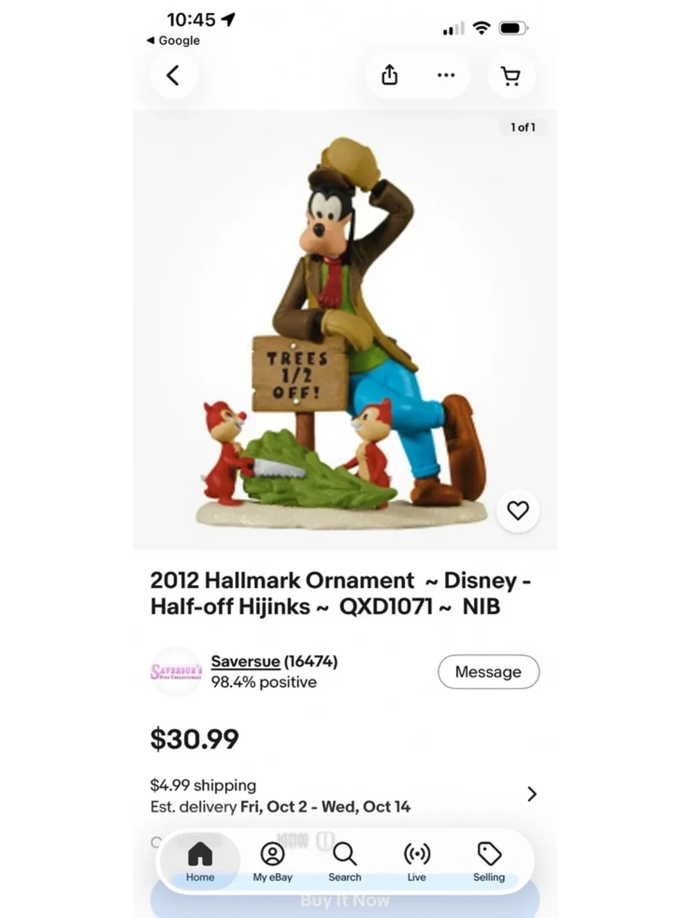 2012 Hallmark Keepsake Ornament Disney Half-off Hijinks Featuring Goofy, Chip, &